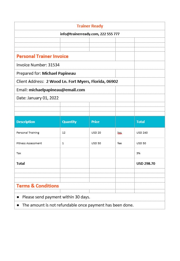 Personal Trainer Invoice Template PSD template
